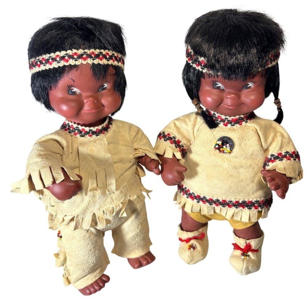 Native American Indian Dolls Suede Beaded  '60s Regal Toys 12" Vintage Set of 2
